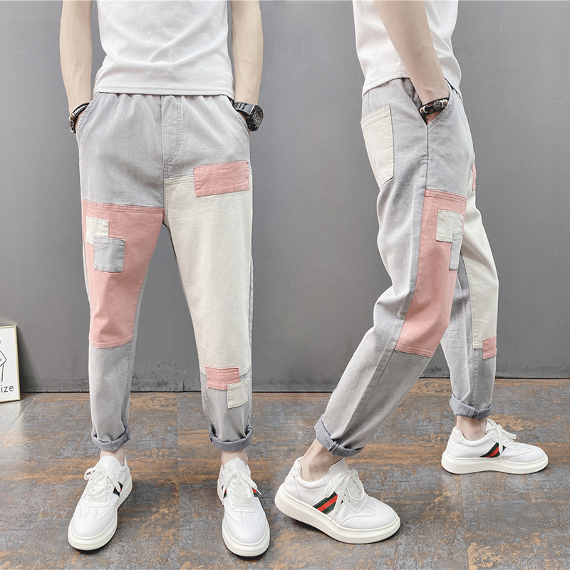 新款春夏男小脚休闲牛仔九分裤网红同款束脚低档哈伦裤贴补乞丐裤