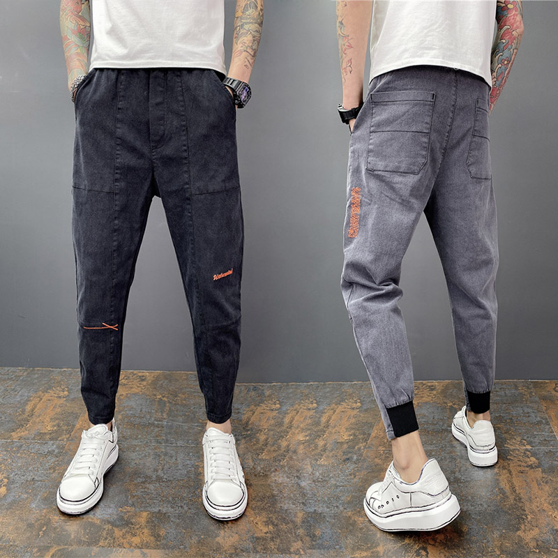 春夏男绣花小脚牛仔九分裤纯色修身黑色束脚裤弹力裤社会小伙裤子