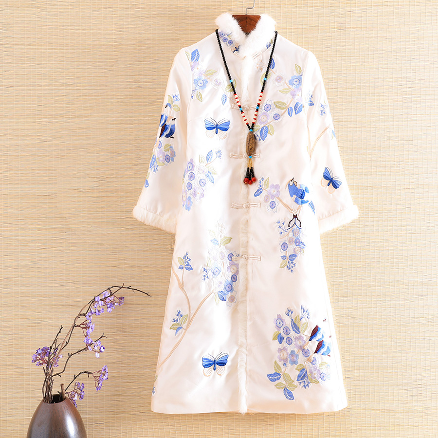 美伦复古风棉服2020冬季新款盘扣重工刺绣拼兔毛厚实夹棉外套棉衣