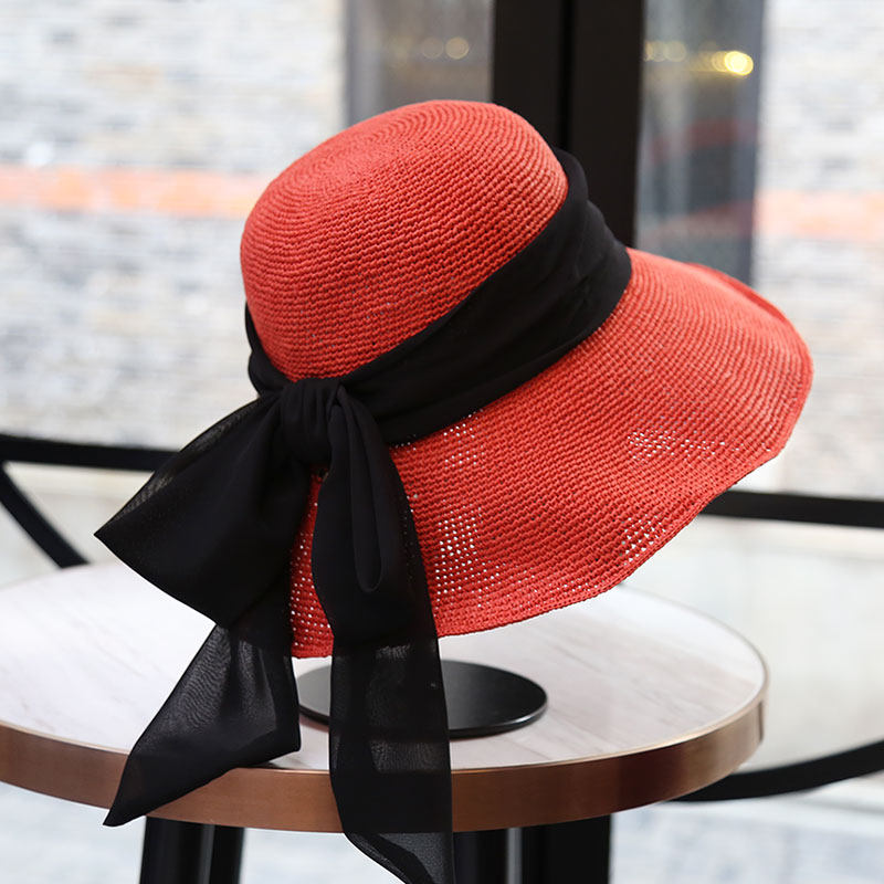 春夏新款手工丝带大檐草帽沙滩帽防海边度假帽子