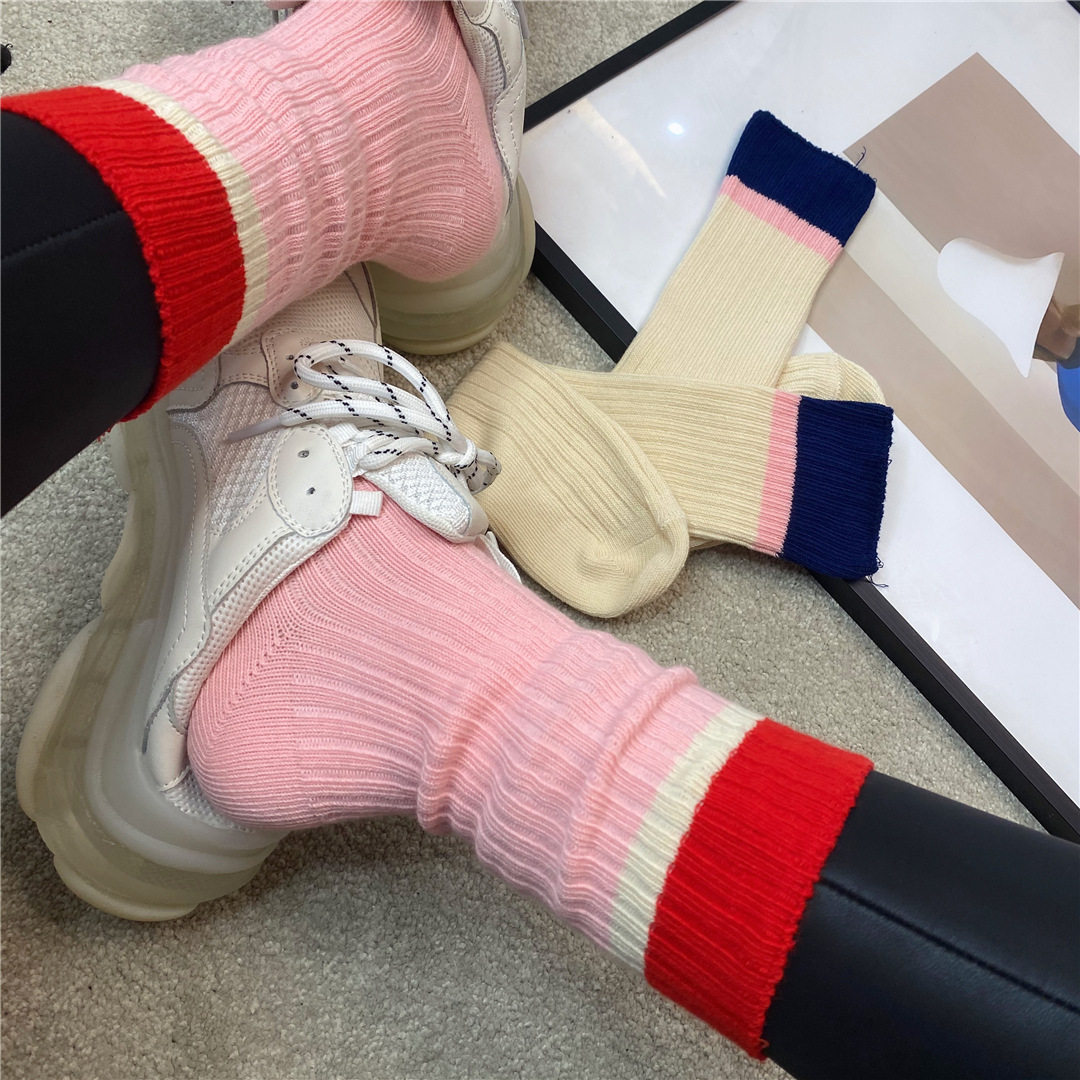 粉色袜子女网红明星mona同款长袜撞色拼接堆堆袜秋冬季时髦中筒袜