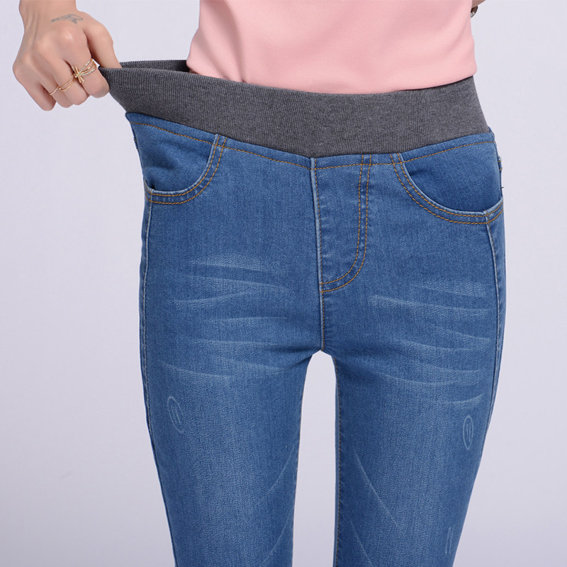 2018新款高腰弹力松紧腰七分牛仔裤马裤显瘦胖mm大码女小脚裤中裤