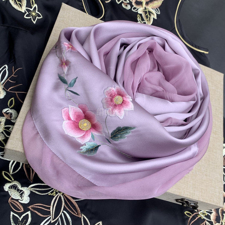 真丝苏绣围巾桑蚕蚕丝绣花丝巾春夏季防晒披肩围巾