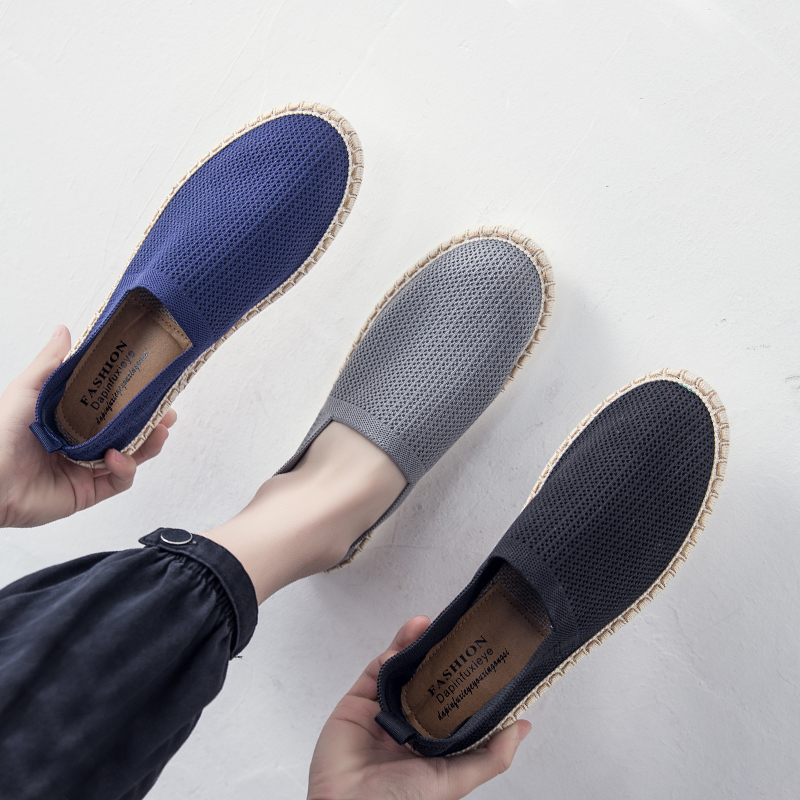 2022夏季新款渔夫豆豆鞋男懒人一脚蹬老北京飞织网面透气帆布鞋潮