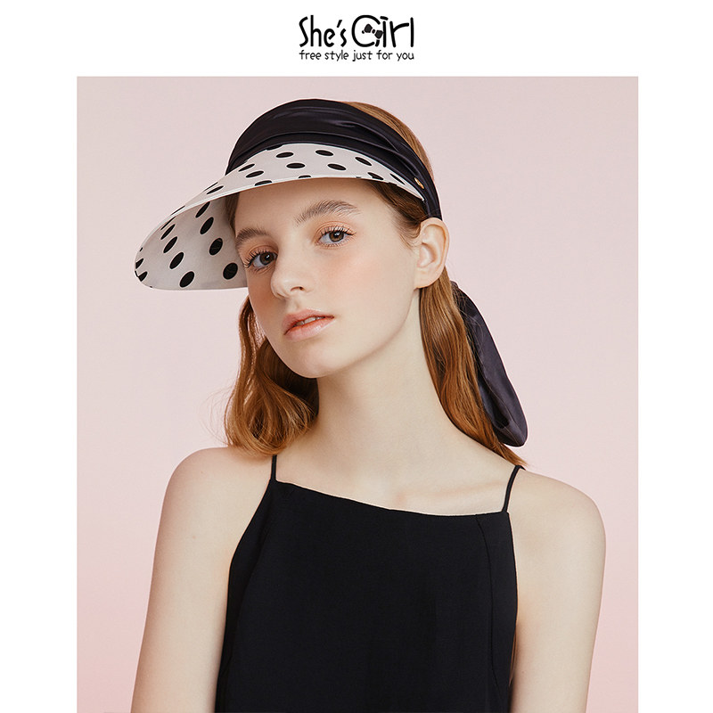 shesgirl茜子简约艺术波点飘带遮阳顶帽户外运动出游帽子