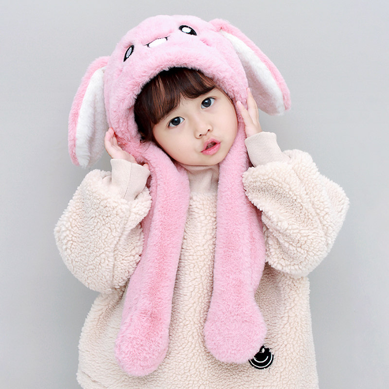 抖音网红会动兔耳朵儿童帽子围巾一体冬季超萌可爱女童男童宝宝帽