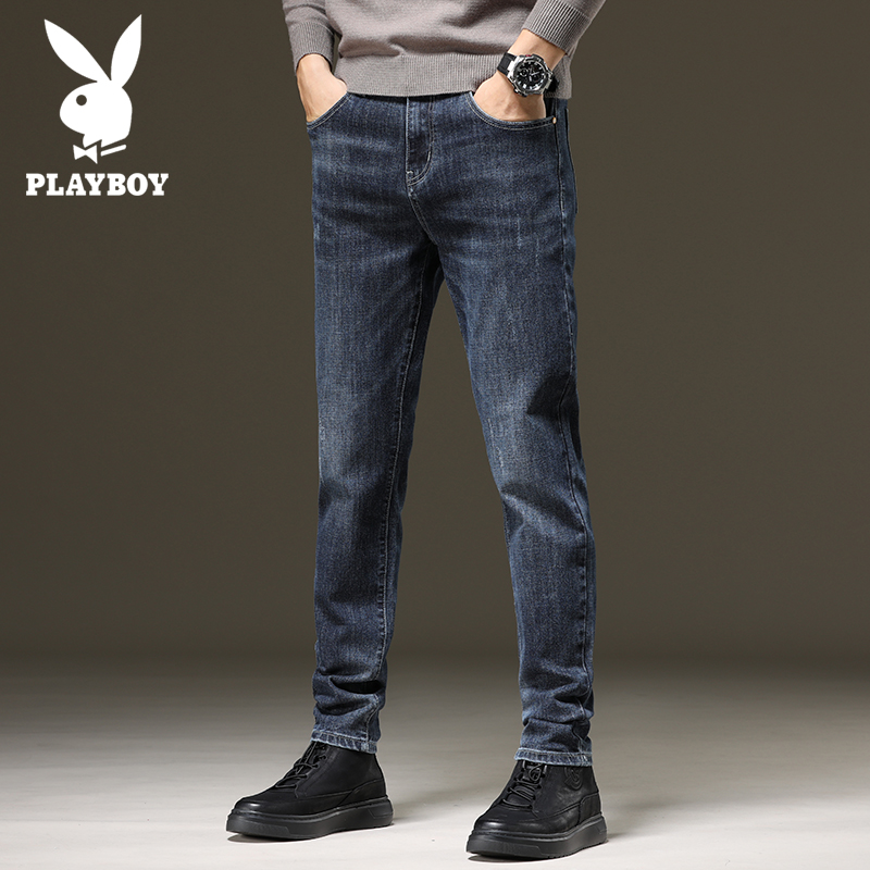 花花公子牛仔裤男士春秋新款修身小脚潮流冬季加绒加厚直筒长裤子