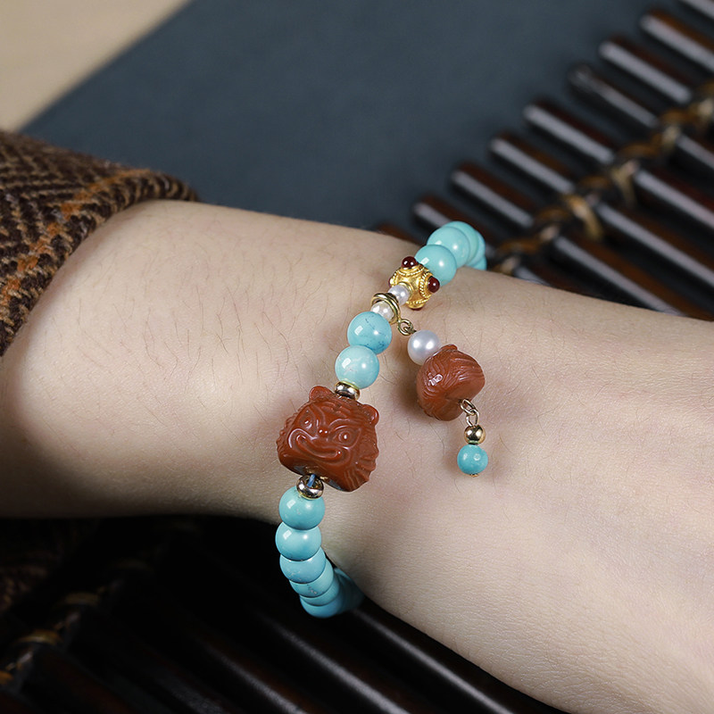 欧采妮绿松单圈手串配珠天然琥珀蜜蜡多宝手串南红手链密蜡配饰