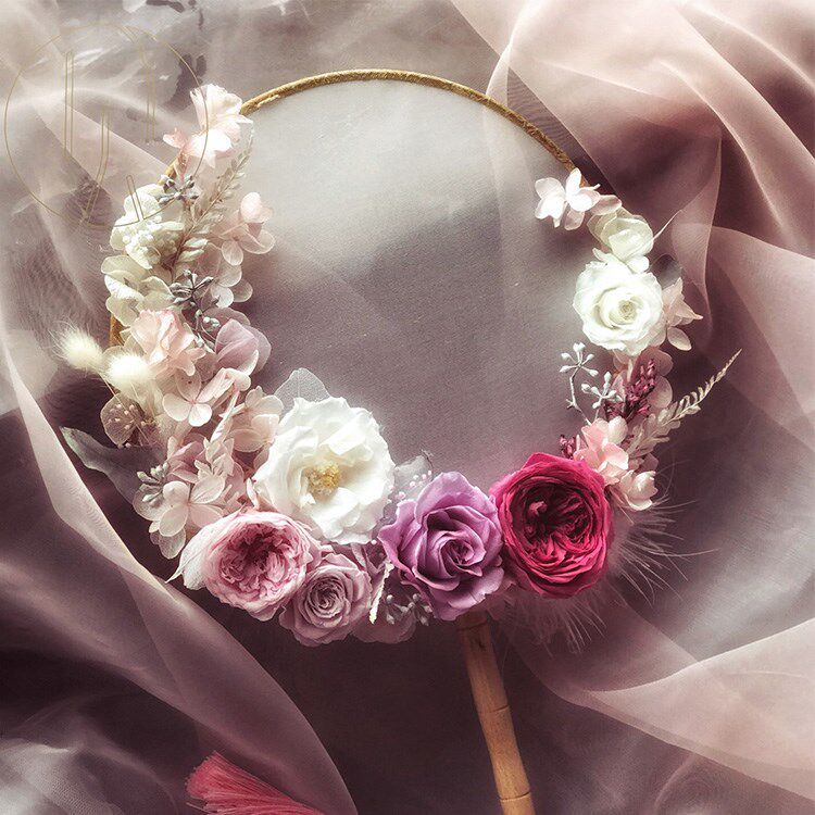 蔷薇团扇扇子永生花材料包diy结婚礼物保鲜花材料包