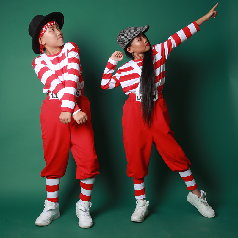 习舞少儿locking锁舞红白条纹背带套装儿童演出服儿童演出服