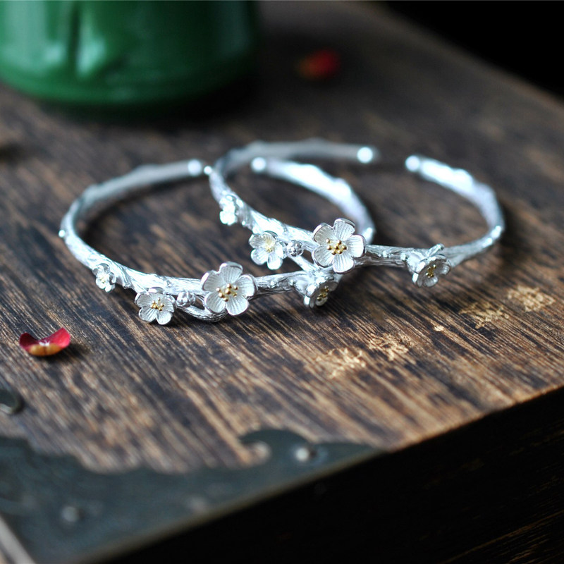 樱花纯银手镯双色立体文艺清新闺蜜森系开口手镯