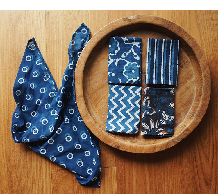 时舟indigo印度手工木刻版印植物蓝染棉布手帕茶巾方巾