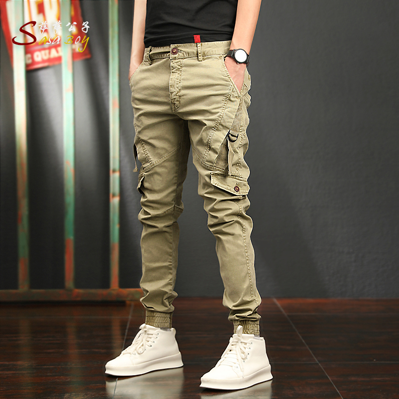 萨萨公子2021秋季 做旧潮流裤子男韩版 多口袋束脚休闲男士工装裤