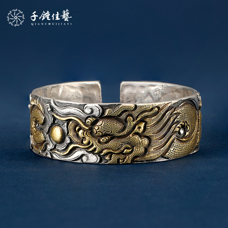 千锤佳艺手工手镯男士复古银镯男款纯银霸气龙纹宽手镯