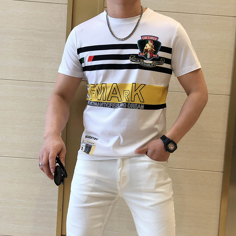 欧货2022夏季潮牌时尚徽章烫钻圆领丝光棉短袖花T恤男修身半袖潮