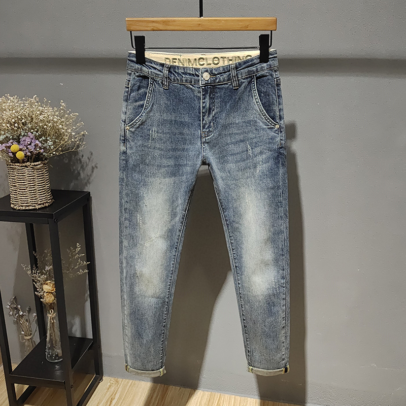 复古斜口袋九分牛仔裤男春夏季修身小脚潮流刺绣简约日系青年裤子