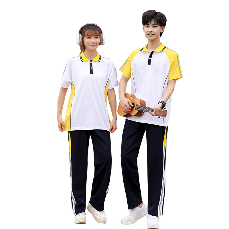 普宁新款小学生校服toh夏季短袖翻领深蓝色筒裤学生校服