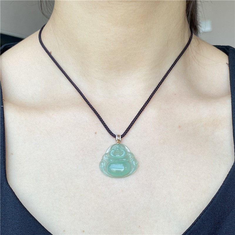 笑脸掌中翡翠货冰种光果绿色18k扣头佛公吊坠颈饰