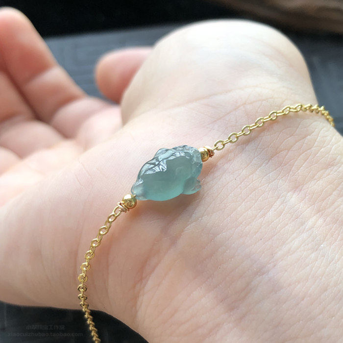 蓝水冰种缅甸翡翠三脚金蟾财瑞吊坠14k镀金手链