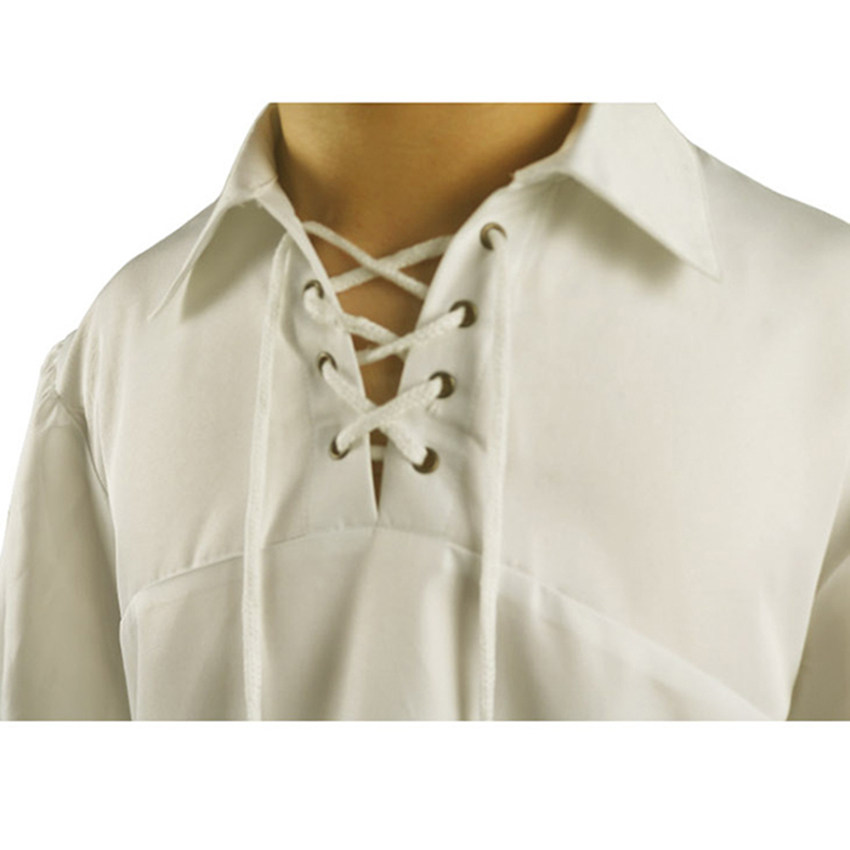 欧美中世纪万圣节复古男士纯色衬衫宽松翻领绑带衬衫