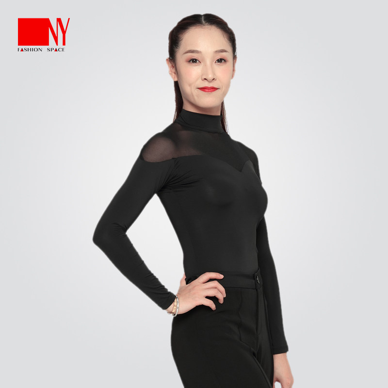 纳艺艺舞新款女高高领网纱拼接连体上衣长袖摩登舞上装