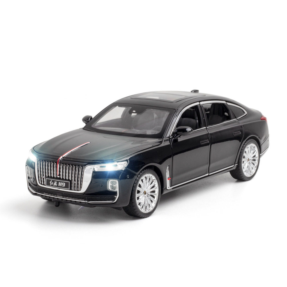 棕色红旗h9轿车模型4个车门后备箱能打开车模