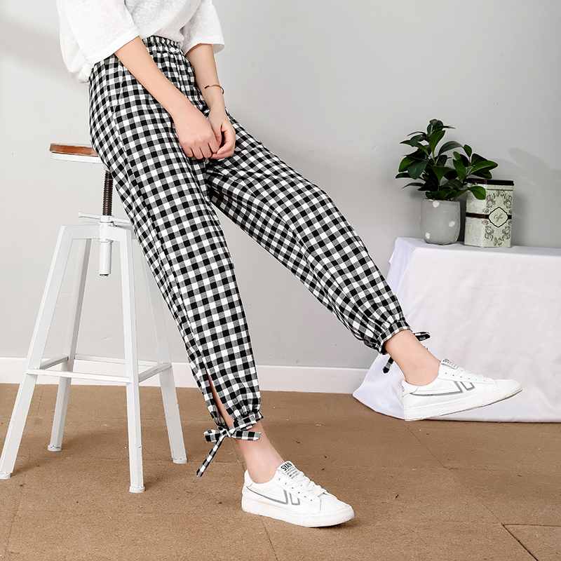 天猫黑白格子灯笼裤女夏薄款显瘦宽松休闲裤防蚊大人垂感哈伦束脚裤子