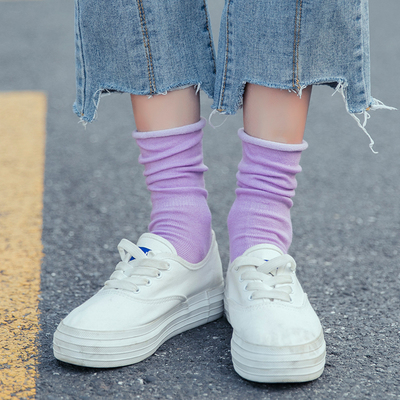 袜子女款纯棉薄款春秋季学院风短袜韩国堆堆袜紫色ins潮百搭长袜