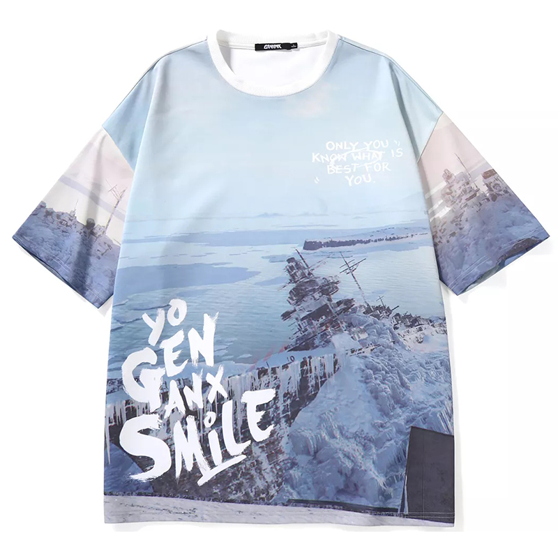 GENANX冰川世界满印拼色圆领短袖T恤宽松男女同款雾霾蓝莫寒同款