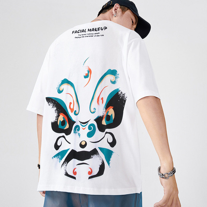 李会长国风纯棉短袖印花脸谱刺绣京剧中国国潮t恤