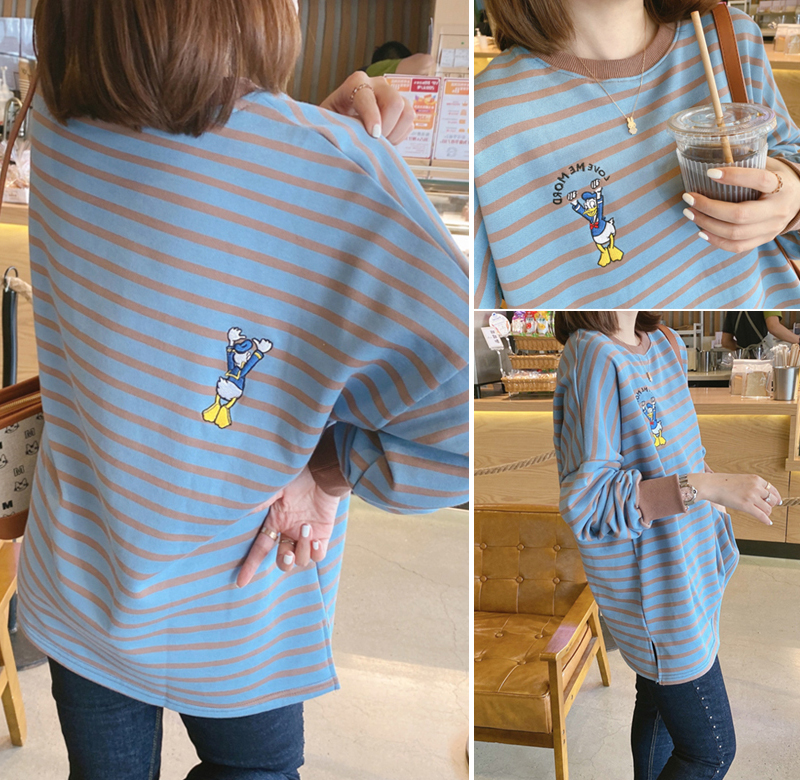 2022年新款韩国东大门女装秋冬前后刺绣唐老鸭卡通减龄条纹卫衣女