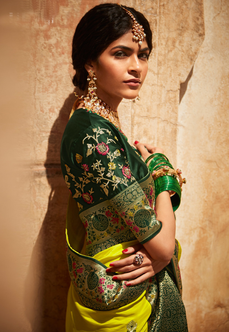 进口正品印度纱丽特色民族风浅绿色丝质提花礼服民族服装
