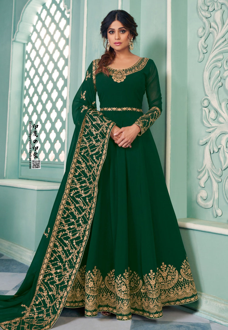 深绿色刺绣安娜卡丽长袖乔其纱连衣裙三件件套印度连衣裙