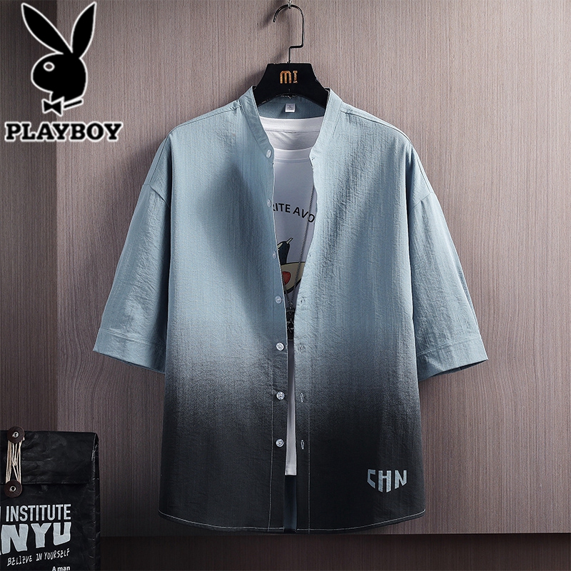 花花公子短袖衬衫外套夏季休闲男士冰丝工装衬衣渐变色七分袖寸衫