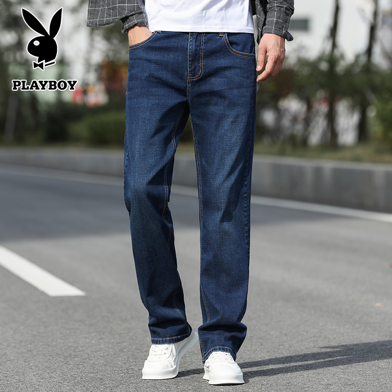 花花公子男士牛仔裤秋冬款裤子男宽松直筒加绒加厚休闲裤秋季男装