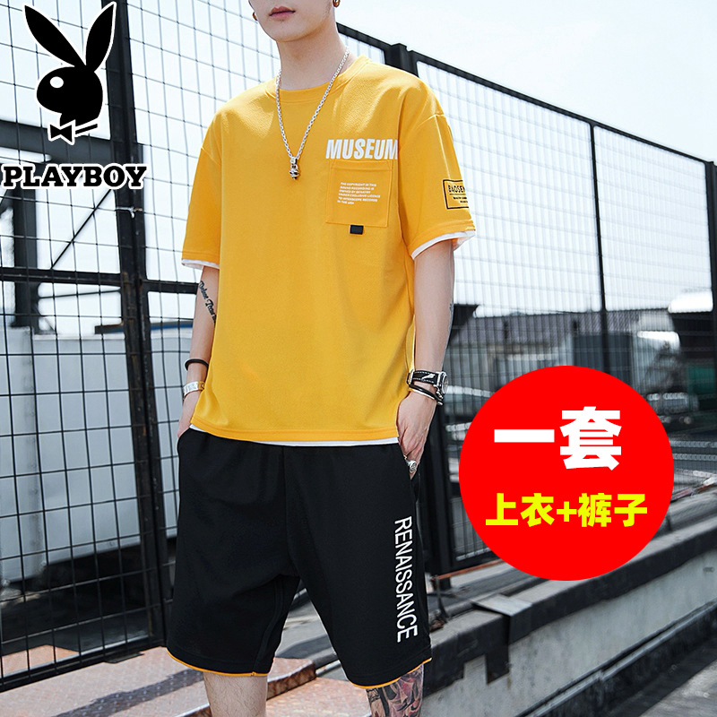 花花公子夏季套装男士短袖t恤短裤男装一套搭配帅气休闲套装帅气