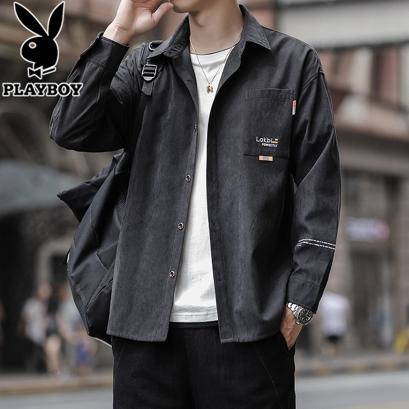 花花公子牛仔衬衫男士衬衣长袖休闲春秋款工装外套春季寸衫男夏季
