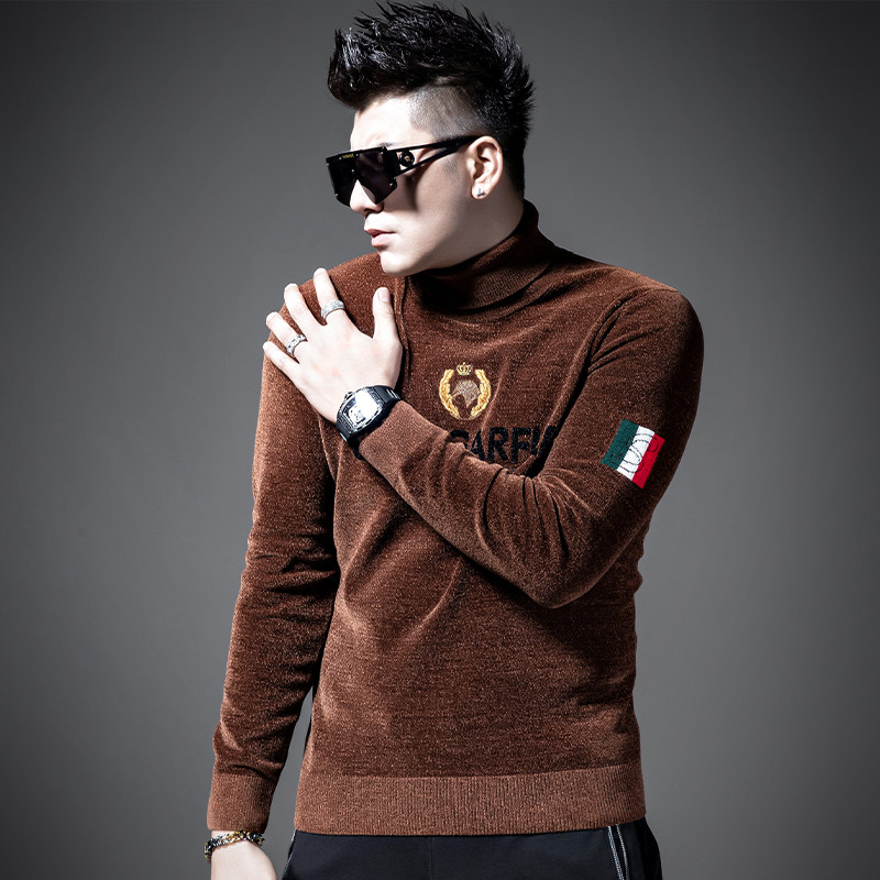 sxf圣希梵毛衣男高领 简约刺绣打底衫天鹅绒保暖男士针织衫长袖潮