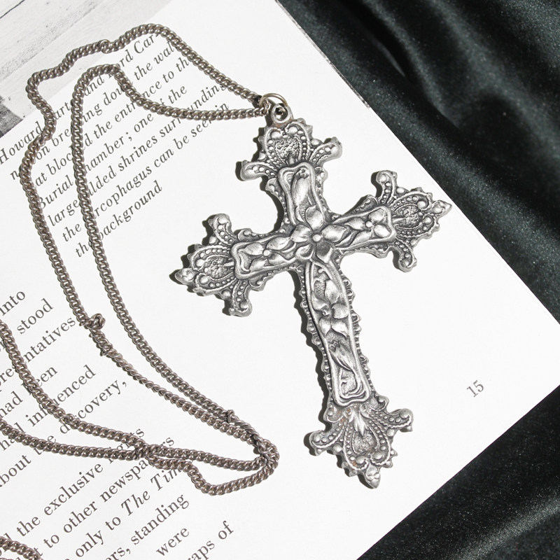 西洋古董首饰精雕十字架锡制精美复古银链毛衣项链