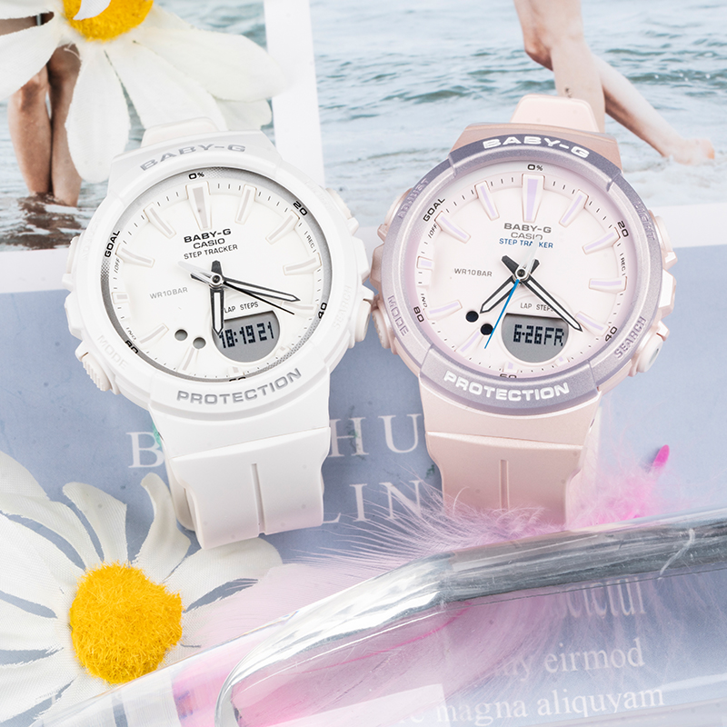 Casio卡西欧手表女 baby g女表纯白色时尚运动计步表BGS-100SC-7A