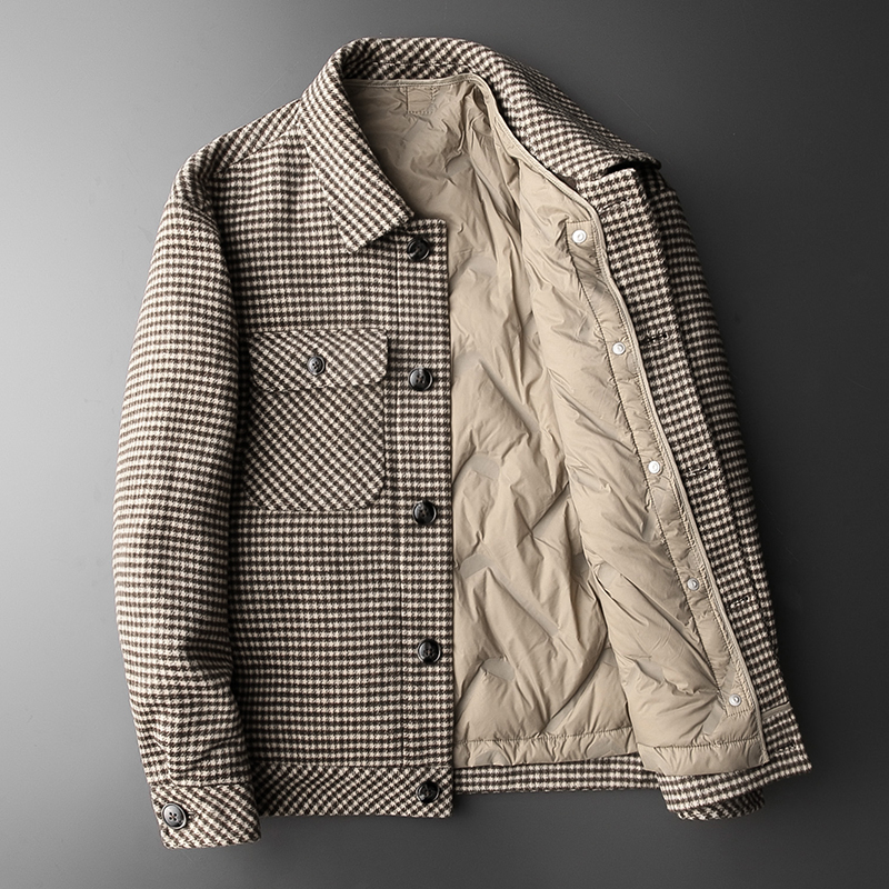 羊毛呢男士可脱卸羽绒服格子短款外套保暖青少年呢子潮流休闲男装