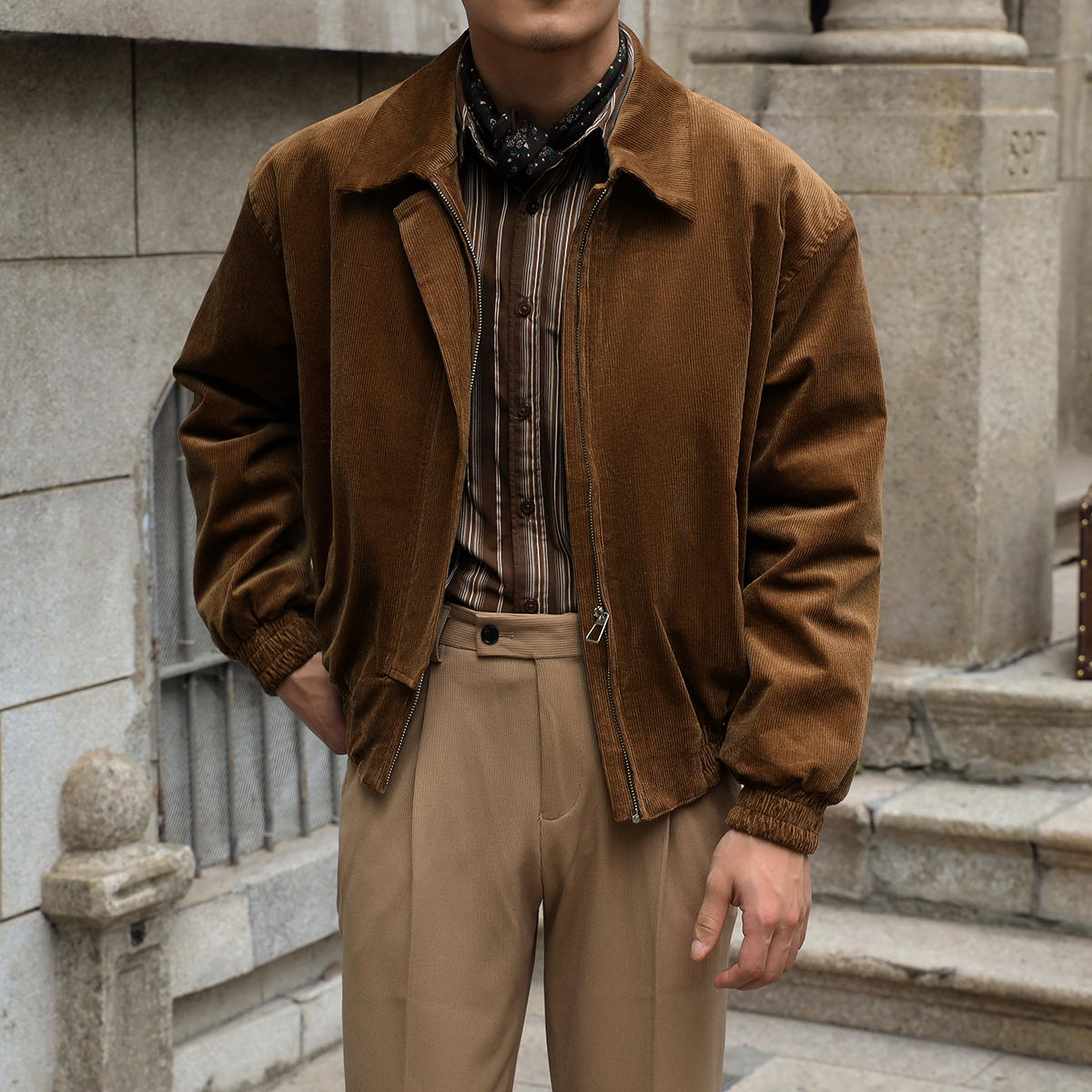 蓝夜美式复古短款灯芯绒外套男翻领休闲垫肩空军飞行员工装夹克潮