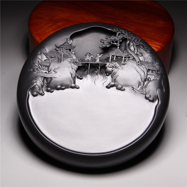 名师作品中国歙砚溪山山行旅图老坑籽料砚台文房四宝