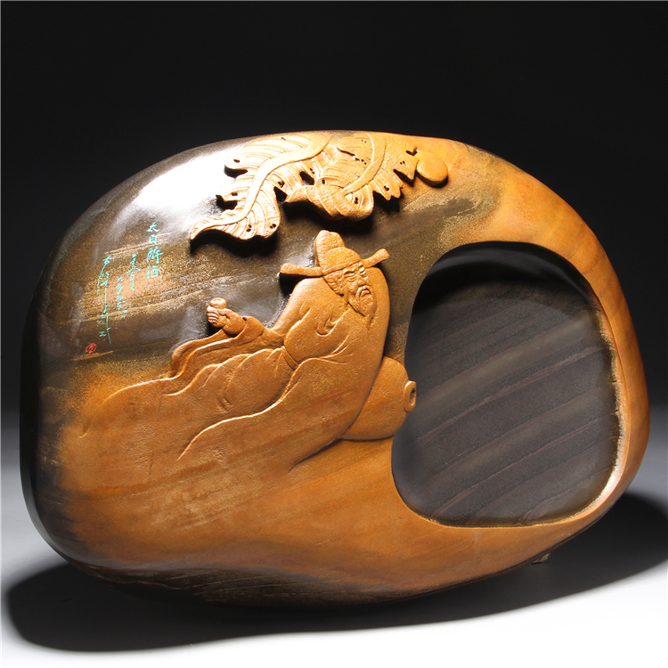 老坑砚台大师雕刻太白醉酒金皮籽高档文房四宝歙砚文房四宝