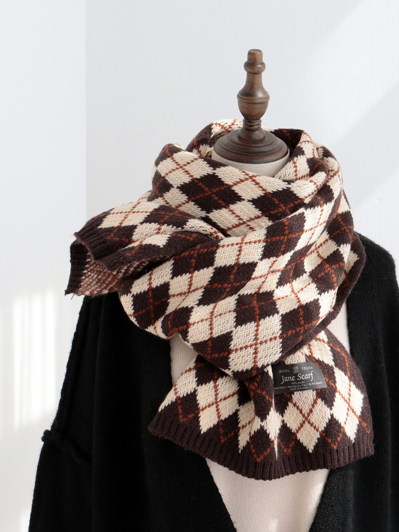 日系复古几何毛线格子围巾提花针织羊绒围脖围巾