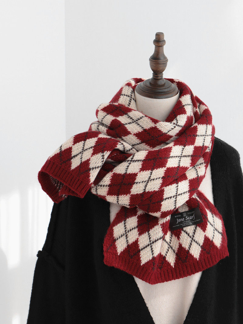 日系复古几何毛线格子围巾提花针织羊绒围脖围巾