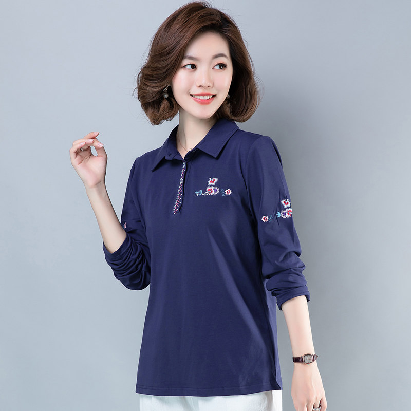 2019春秋新款长袖t恤女中年宽松上衣纯棉大码女装翻领休闲打底衫