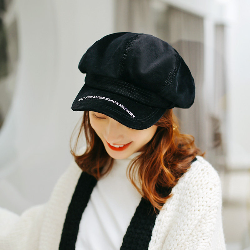 mw韩国英文刺绣大帽灯心绒八角帽子男女百搭帽子