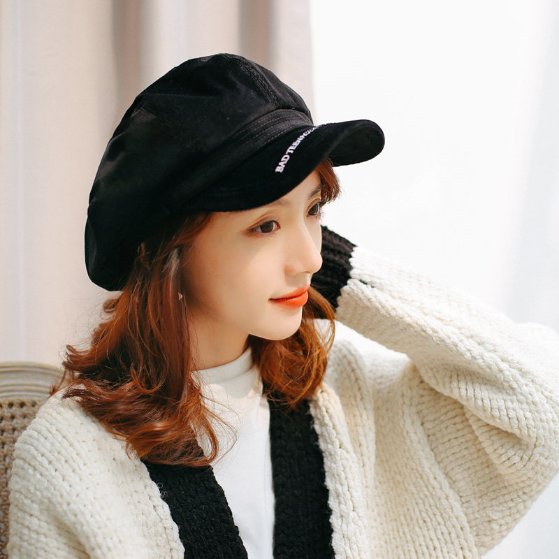 mw韩国英文刺绣大帽灯心绒八角帽子男女百搭帽子