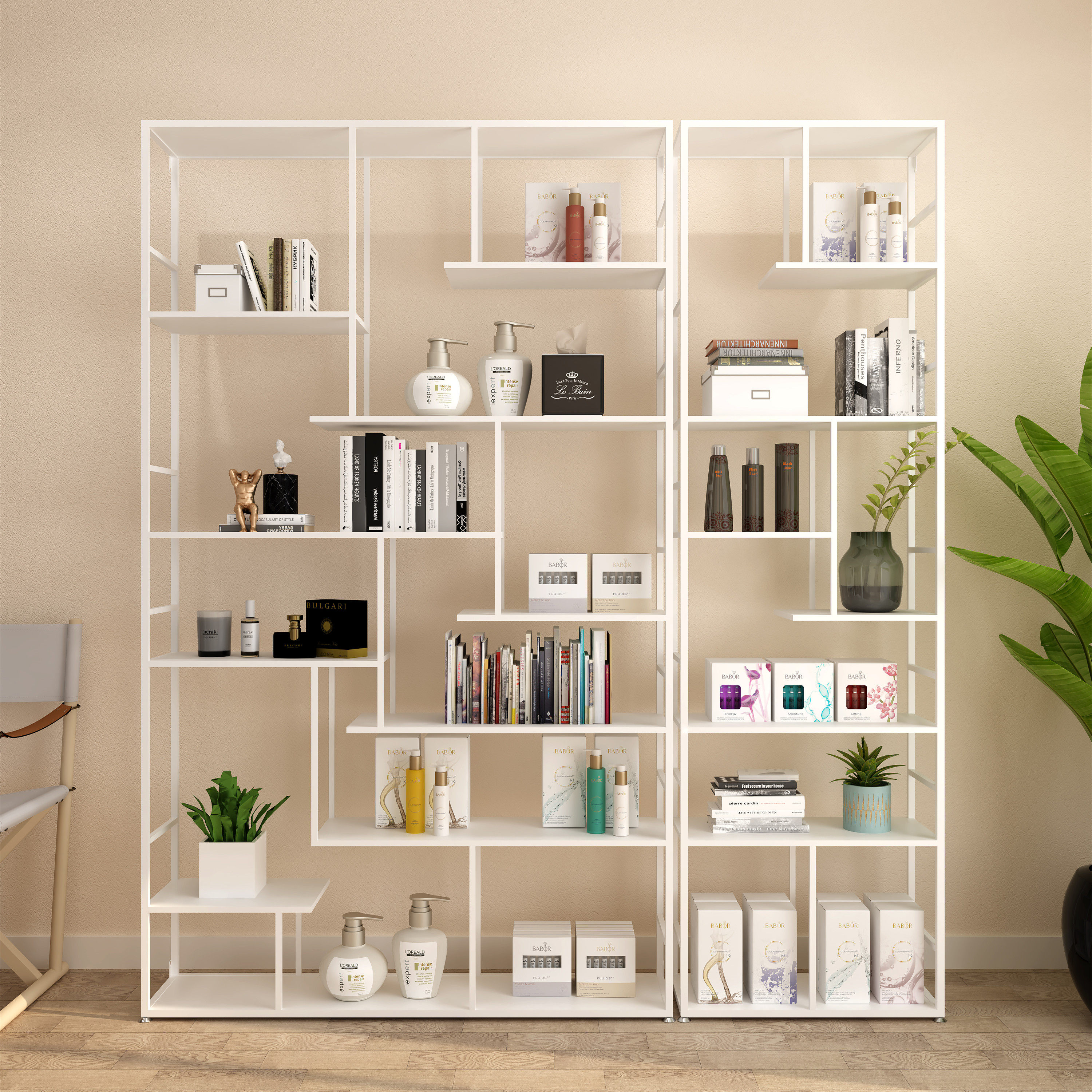 美容院产品产品展示展示柜婚纱影楼收纳工作室靠墙物化化妆品展柜